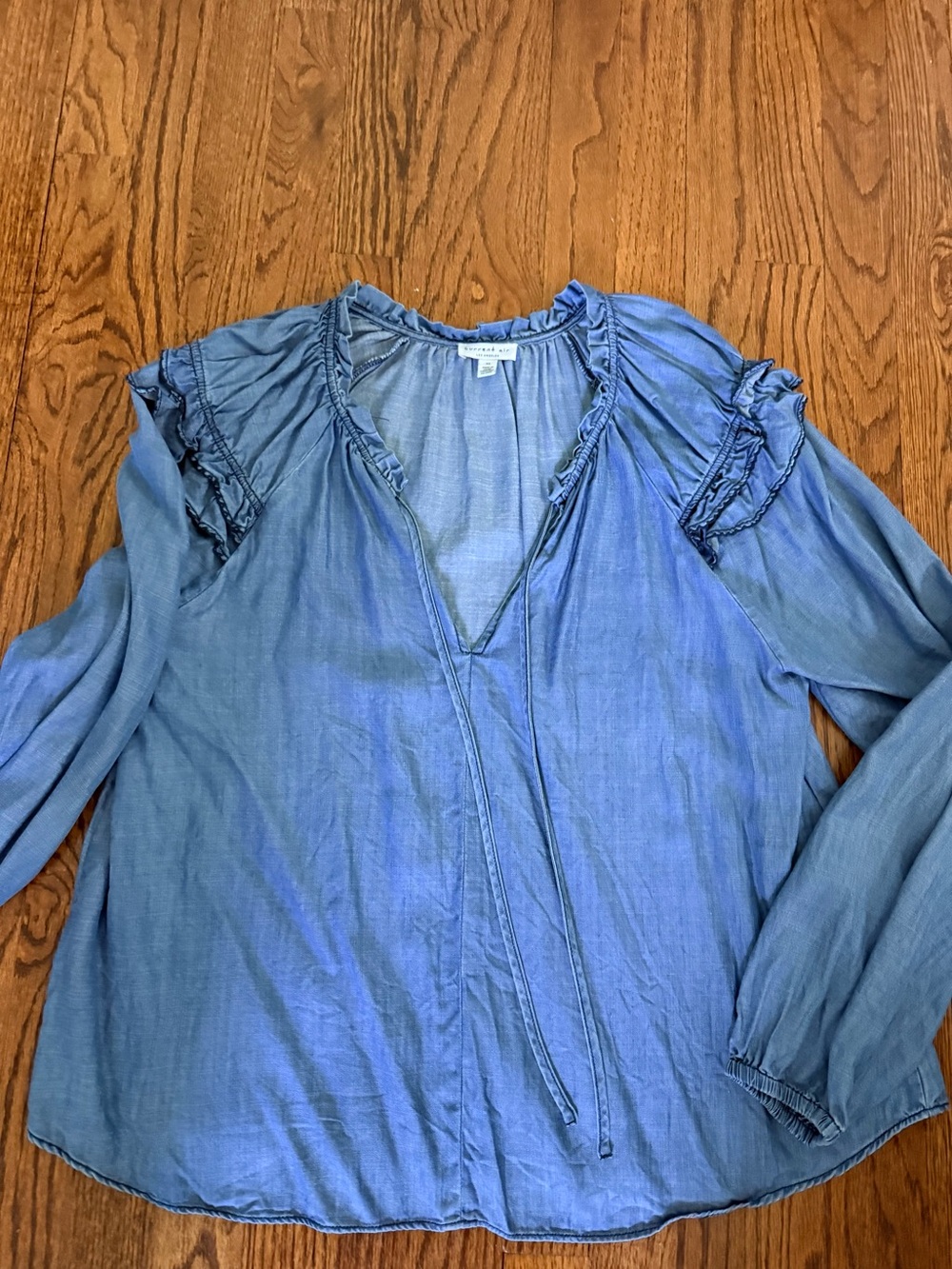 Current Air Chambray Blue Ruffle-Trim Women's Blouse